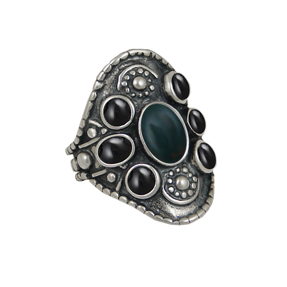 Sterling Silver High Queen's Ring With Bloodstone And Black Onyx Size 7